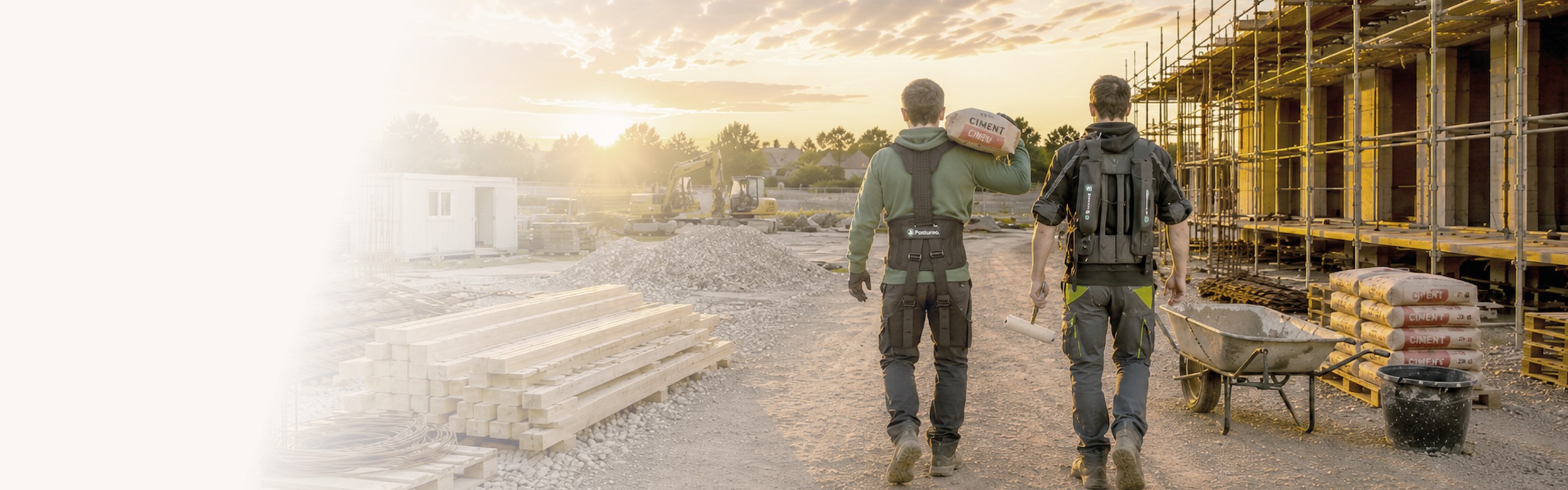 Deux professionnels équipés d’exosquelettes sur un chantier